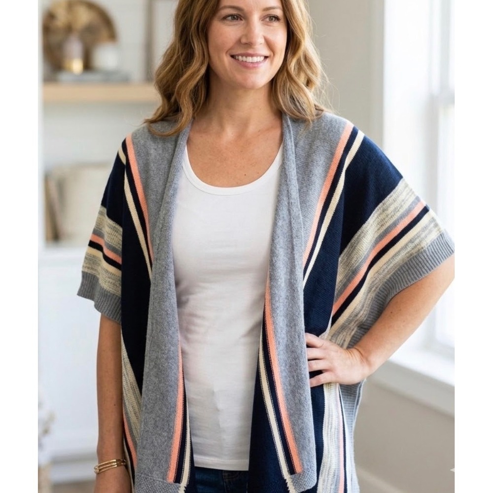 Sophie‎ Rose Knit Cardigan Open Knit Cardigan Gray Blue Peach Size Small